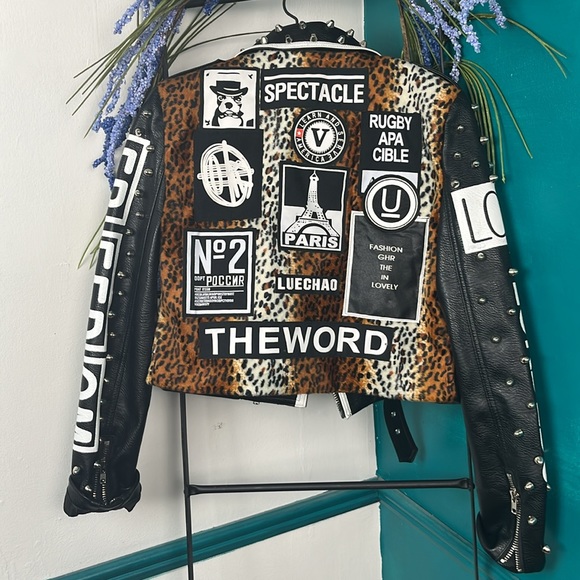 LORDLDS Women Black Leopard Leather Jacket Zip Up Moto Biker Fashion Streetwear - Picture 5 of 11